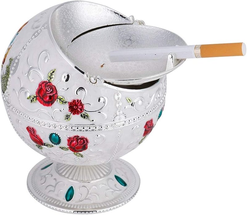 صحن رماد معدني قديم مقاوم للرياح مع غطاء محمول للسيجار للاستخدام في الداخل والخارج باللون الفضي - Image 1